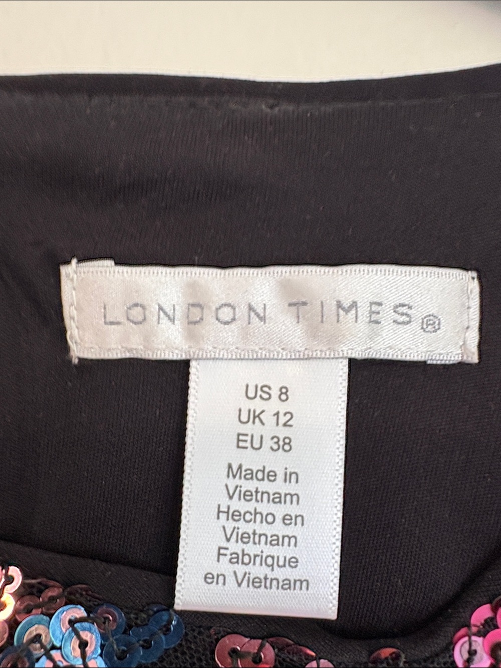 London Times Black Sequin Floral Mini Cocktail Dress with Multicolor Sequins 8 - Picture 3 of 8